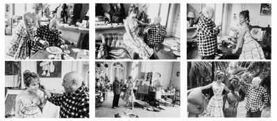 Pablo Picasso e Brigitte Bardot nell'atelier a Vallauris durante il Festival di Cannes, 1956, sei...