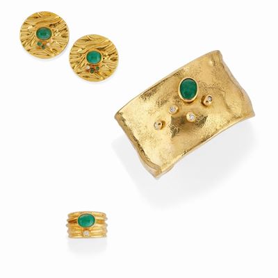 Demi-parure in oro giallo 18k con smeraldi e diamanti
