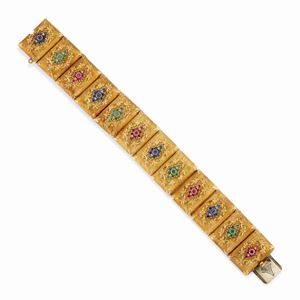  - Bracciale in oro giallo 18k, zaffiri, rubini e smeraldi