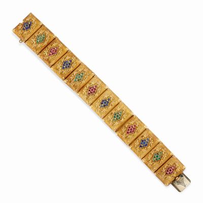 Bracciale in oro giallo 18k con zaffiri, rubini e smeraldi