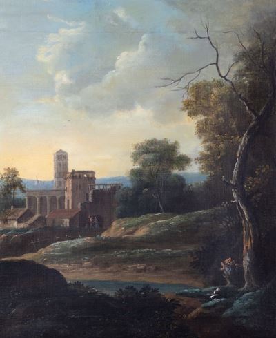 Paesaggio con Capriccio Architettonico e Corso D'acqua in Primo Piano