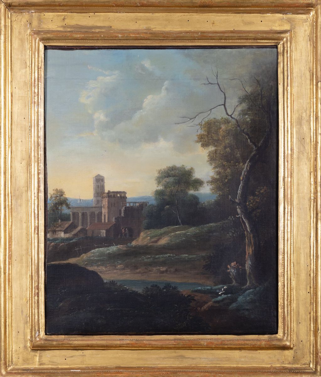 Scuola Romana, Secolo XVIII - Paesaggio con Capriccio Architettonico e Corso D'acqua in Primo Pia...
