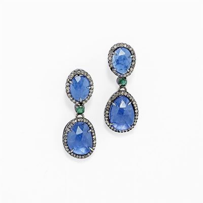 Orecchini in Oro 18k, Argento, Tanzaniti, Smeraldi e Diamanti