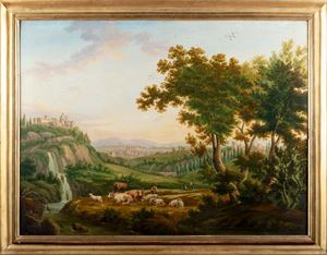 Hillside landscape with village and waterfalls