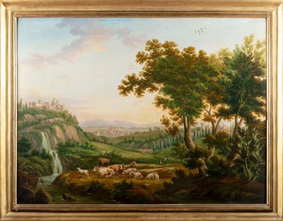 Paesaggio di Collina con Borgo e Cascate