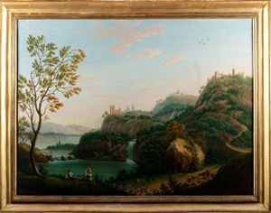 Scuola italiana del XIX secolo - Paesaggio fluviale con edifici ed astanti (Veduta di Torrette?)