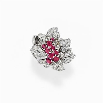 Anello in Oro Bianco 9k, Diamanti e Rubini