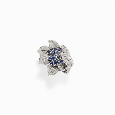 Anello in Oro Bianco 9k, Diamanti e Zaffiri