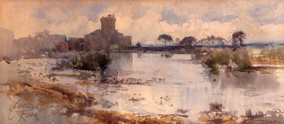 Veduta dal Tevere del Borgo di Ostia Antica con il Castello di Giulio II