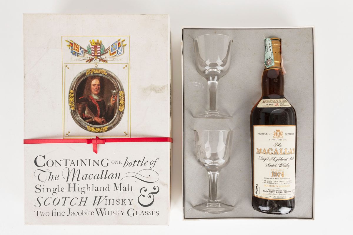 Scozia - Macallan, 18 Years Old Scotch Whisky in Box con bicchieri Fine Jacobite