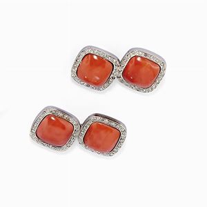 A 9K white gold diamond and coral cufflinks