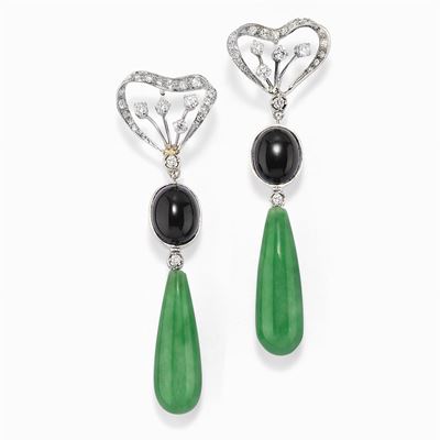 Orecchini Pendenti in Oro Bianco 18k, Argento, Diamanti, Onice e Giada