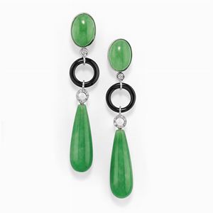 Orecchini pendenti in oro bianco 18k, argento, giada e diamanti