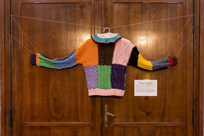 Maglione in lana, tecnica a ferri e patchwork, 2021