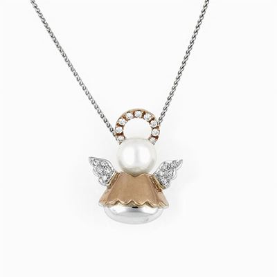 Collana girocollo in oro bianco e rosso con pendente ad angioletto
