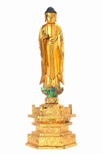 Buddha, scultura in legno dorato su fiore di loto, Giappone, inizio XX secolo