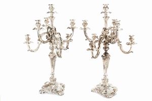 Pair of large silver seven-branched candelabra in Baroque style, 20th century