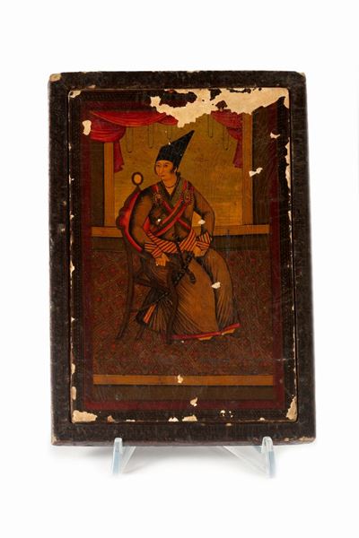 Contenitore specchio Qajar, dipinto su papier mâché con scene di corte, Persia XIX secolo