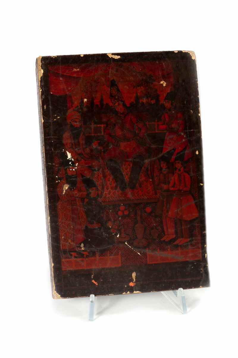 Contenitore specchio Qajar, dipinto su papier mâché con scene di corte, Persia XIX secolo