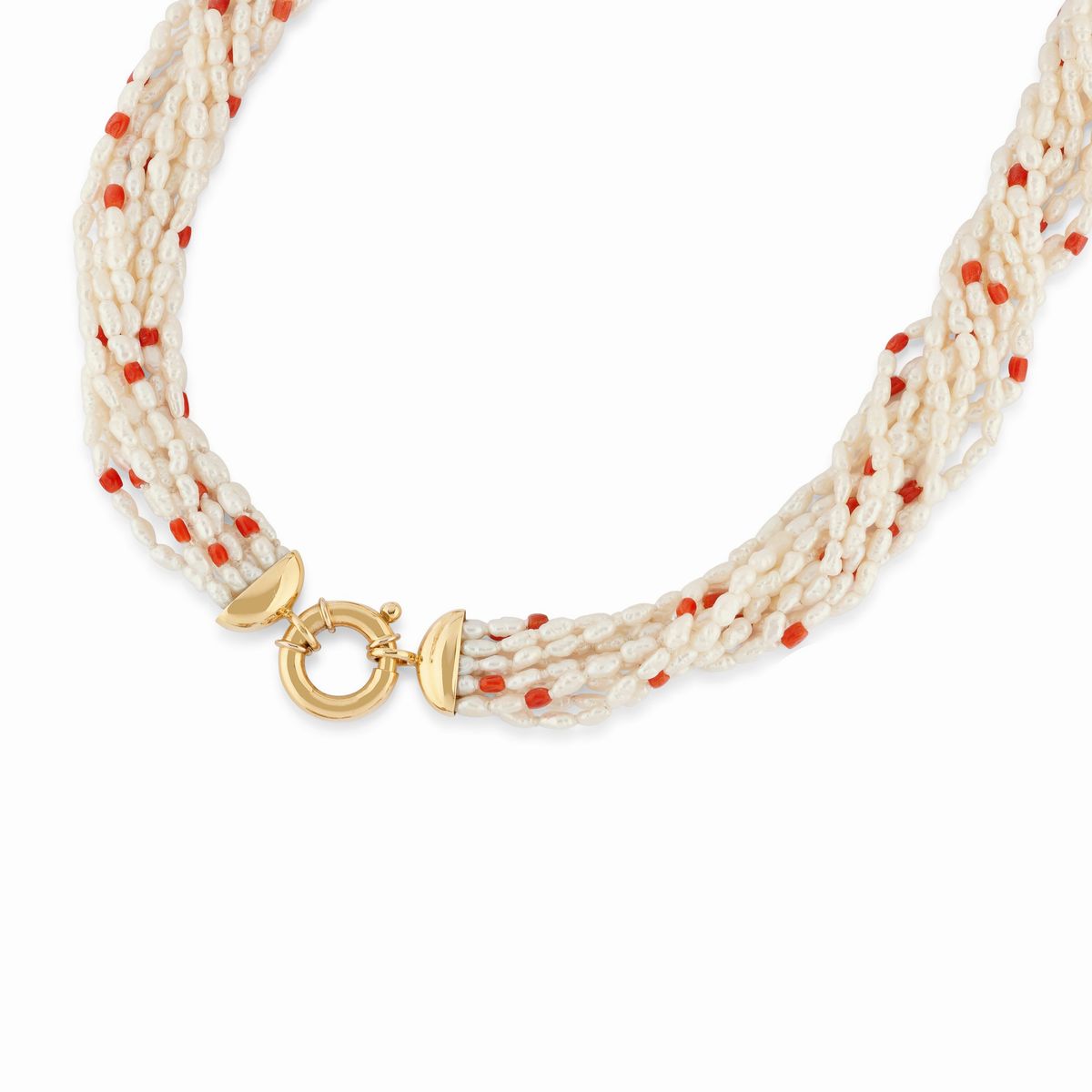 Collana e orecchini in oro giallo 18K, diamanti, corallo e perle