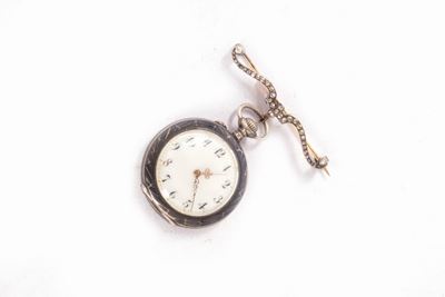 Orologio da Tasca in Argento Niellato con Spilla in Oro, Argento e Rose di Diamante, Secolo XIX