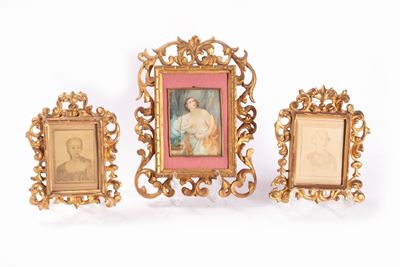 Lotto Composto da Tre Miniature Entro Cornici in Legno Intagliato e Dorato a Racemi, Secolo XIX