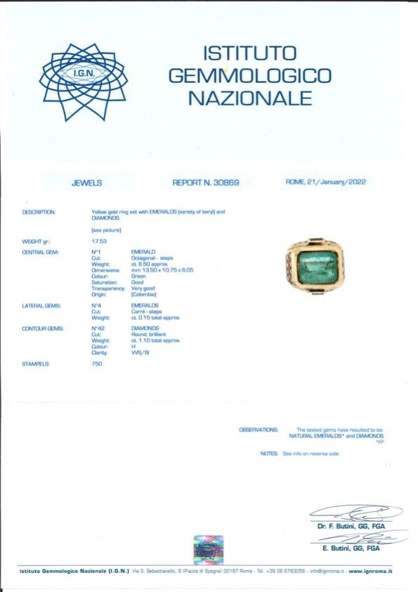 Anello in oro giallo 18K con smeraldo Colombia e diamanti