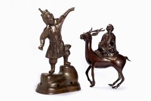 Due sculture in bronzo raffiguranti Guerriero e Saggio a cavallo di un cervo, Cina secolo XIX