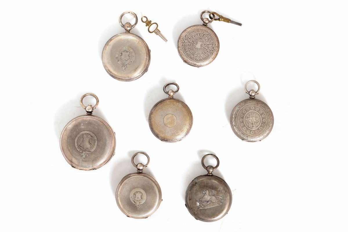 Lotto Composto da Sette Orologi da Tasca in Argento, Secolo XIX