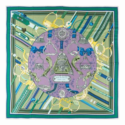Grand foulard Duo d'étriers, seta e cachemire, verde, cm 140