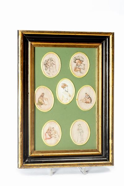 Miniature indo-persiane, sette raffigurazioni di personaggi, fine secolo XIX - inizio XX secolo