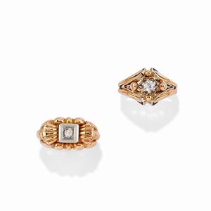 Two 18K two-color gold and synthetic diamond rings, circa 1940