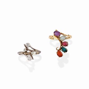 Two 18K two-color gold, diamond and colored gemstones rings