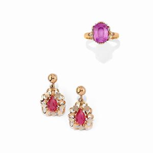 Lot of 18K yellow gold and synthetic gemstones, ring and earrings