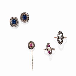 Lot of silver, 18K yellow gold and colored gemstones jewels