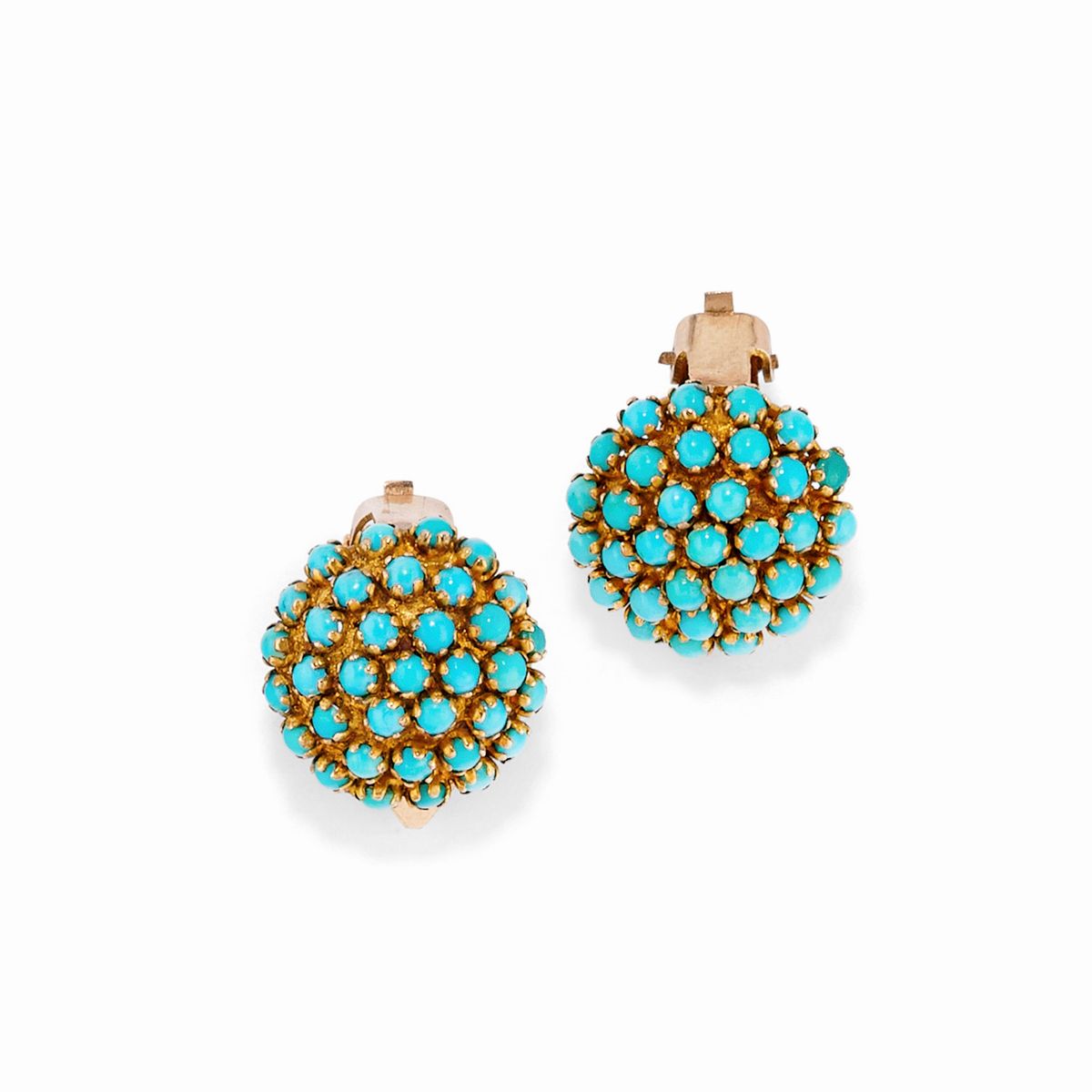 Spilla e coppie di orecchini in oro giallo 18k con turchesi e perle