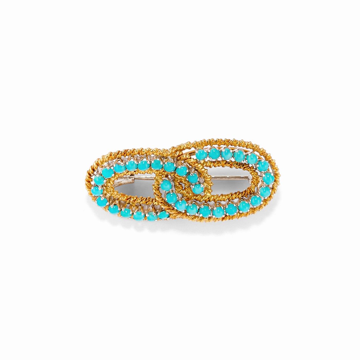 Spilla e coppie di orecchini in oro giallo 18k con turchesi e perle