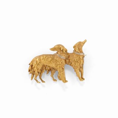 Spilla in oro bicolore 18k con diamanti, raffigurante due cani