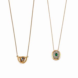Two 18K yellow gold, sapphire, emerald and diamond necklaces