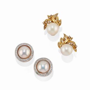 Two couple of 18K two-color gold, cultured pearl and diamond earclips