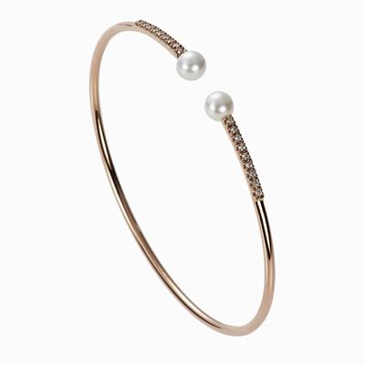 Bracciale rigido in oro rosa 18K con diamanti e perle coltivate