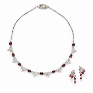  - Demi-parure in oro bianco 18k, pietre rosse e diamanti