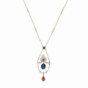 A 18k two-color gold, pearl, diamond, sapphire and ruby necklace