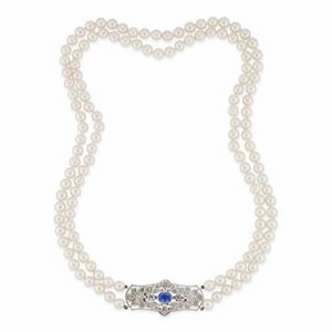 A 18k white gold, cultured pearl, diamond and synthetic sapphire necklace