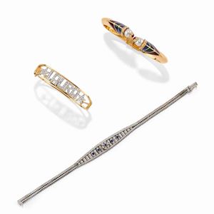 Three 18K two-color gold, enamel, pearl, sapphire and diamond bangles