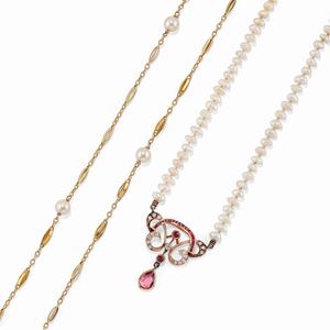 Two 18K yellow gold, cultured pearl, ruby and diamond necklaces