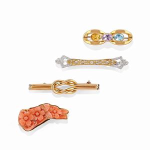 Four 18K two-color gold, coral, colored gemstones and diamond brooches