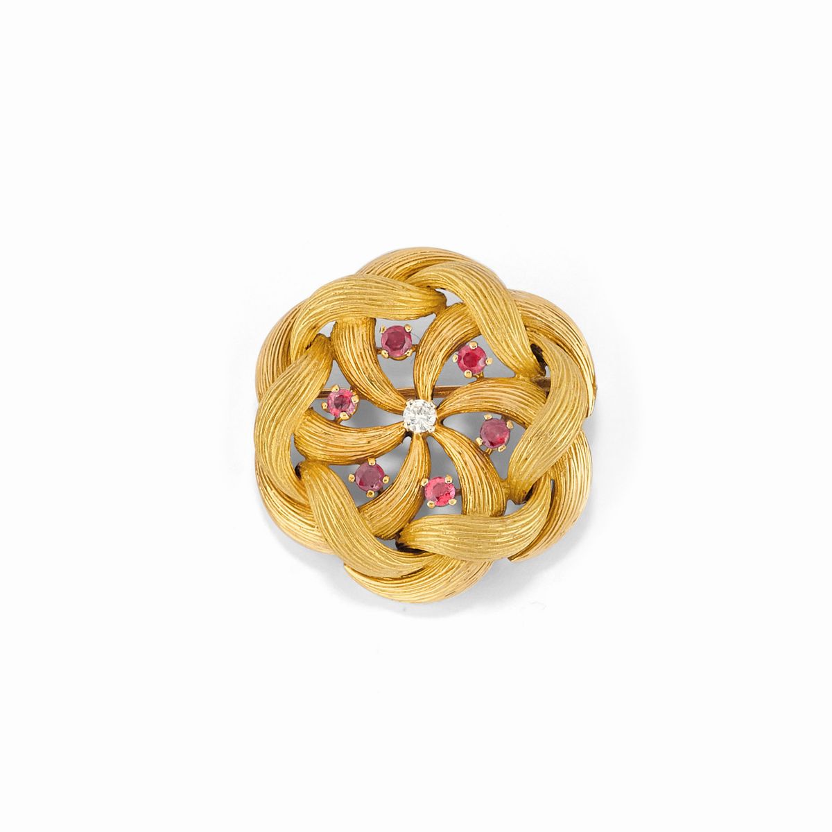Tre spille e un portachiavi in oro giallo 18k, smalto con diamanti, rubini e pietra dura