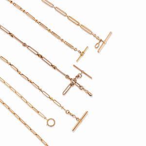 Four 18K and one 9K yellow and red gold pocket watches chains