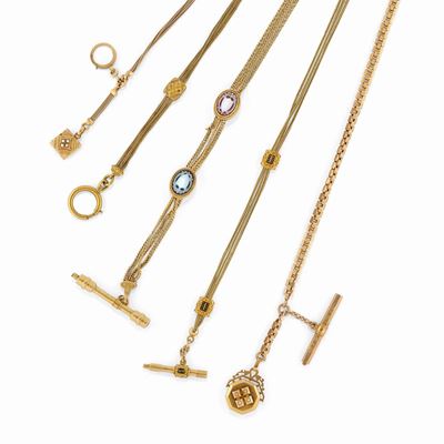 Cinque catene da orologio in oro giallo e rosso 18K, varie forme e lunghezze